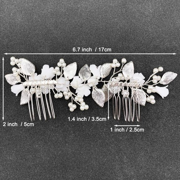 White Flower Hair Piece Bridal Pearl Silver Leaf Floral Hair Vine Accessory for main image 7
